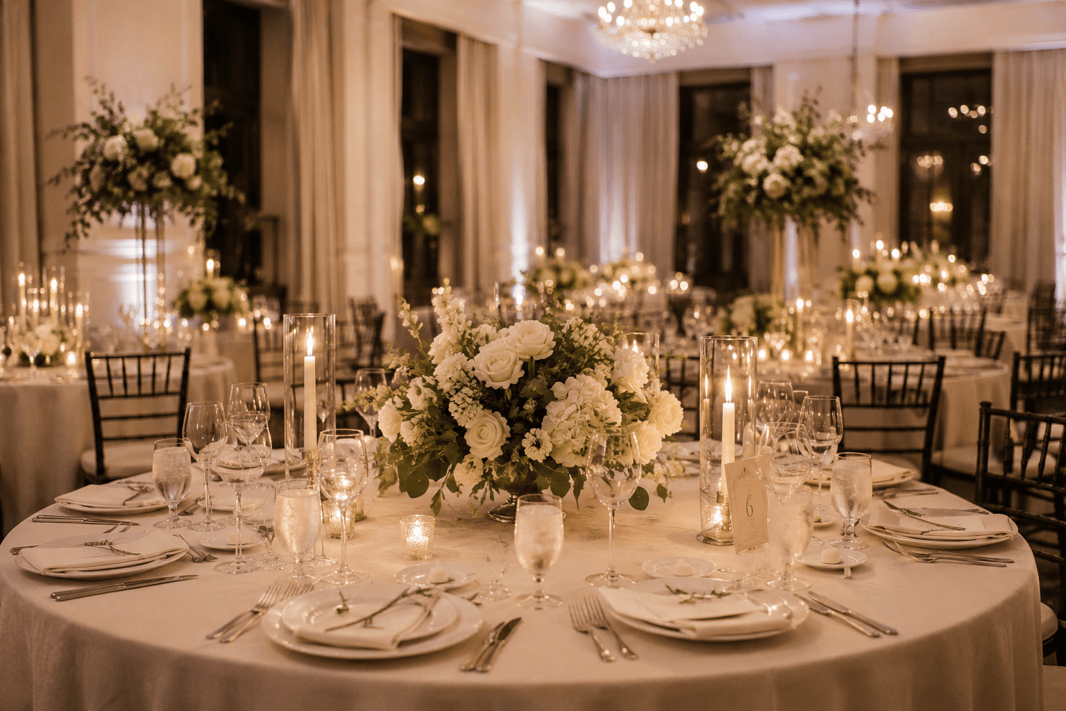 Outdoor New England wedding reception with long candlelit tables beneath string lights