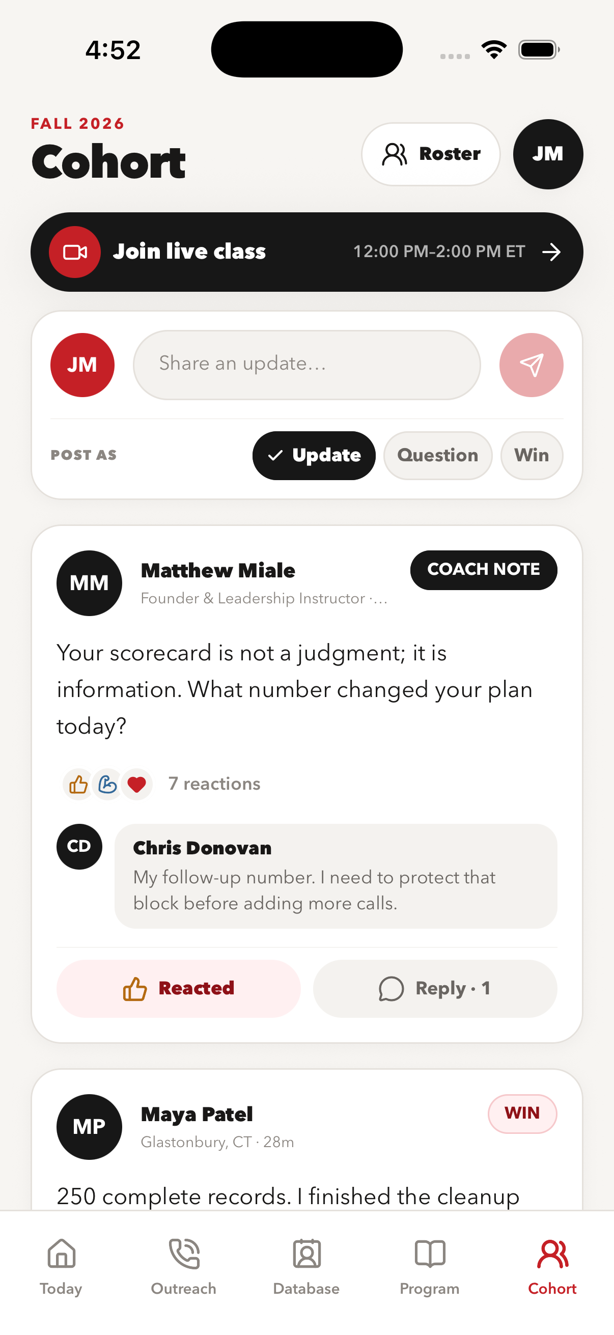 APA Cohort feed with live class, composer, coach note, reactions, and replies