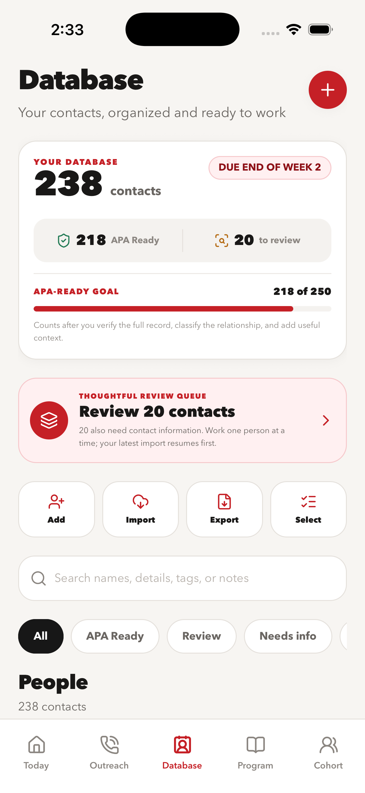 APA database showing 238 contacts, 218 APA Ready records, and 20 people in the thoughtful review queue